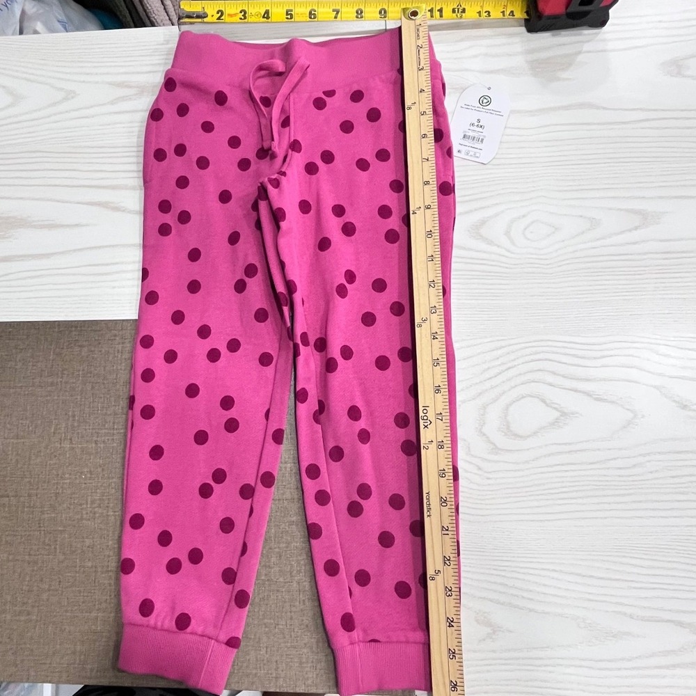 Pink Polka Dot Jogger Sweatpants Girls S 6-6X Fleece Drawstring Wonder Nation - Picture 7 of 9
